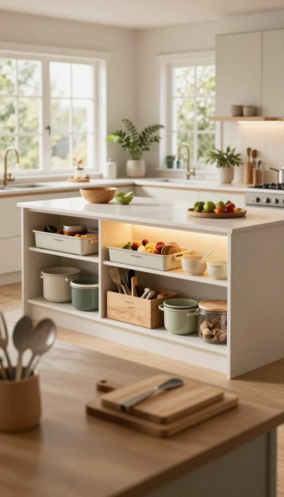 A well-organized kitchen zoning plan, featuring distinct areas for cooking, prepping, and cleaning. In the foreground, a beautifully arranged kitchen workspace with neatly organized utensils and cutting boards. The middle section displays a spacious kitchen island, highlighted by soft, warm lighting, and surrounded by functional storage solutions from "Ordnungskiste" that enhance efficiency. In the background, view large windows allowing natural light to flood in, creating an inviting atmosphere. The color palette includes soft earth tones with accents of greenery, evoking a warm and homely feel. The composition captures a harmonious balance between form and function, perfect for illustrating modern kitchen organization in a Pinterest-inspired style.