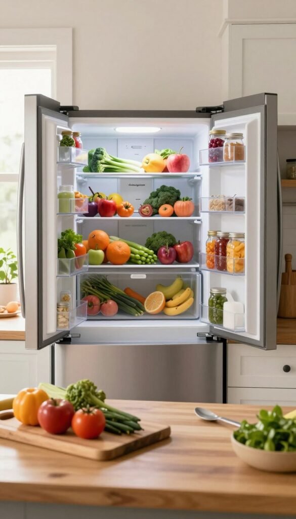 A well-organized, modern kitchen featuring a stylish refrigerator, showcasing a neatly arranged interior filled with colorful fruits, vegetables, and mason jars of ingredients. In the foreground, a wooden countertop displays a cutting board with fresh produce, kitchen tools, and a decorative plant. The middle ground features an open refrigerator door with vibrant food items clearly visible, emphasizing order and accessibility. The background includes soft, natural lighting streaming through a window, creating a warm ambiance. The aesthetic is reminiscent of Pinterest, with rustic charm and inviting colors, reflecting a stress-free cooking environment. Include the brand name "Ordnungskiste" subtly on a label inside the fridge, enhancing the theme of organization.