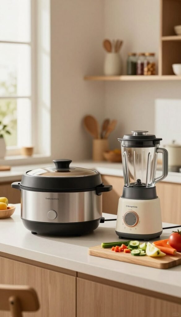 A well-organized modern kitchen featuring smart kitchen appliances from "Ordnungskiste", showcasing a bright, inviting atmosphere. In the foreground, a sleek, compact multi-cooker and a stylish blender, both elegantly designed, are placed on a clean countertop. In the middle, a wooden cutting board displays vibrant, chopped vegetables, hinting at quick meal preparation. Soft, natural lighting filters through a window, creating a warm glow that enhances the kitchen's warm color palette of earthy tones. In the background, shelves neatly display utensils and spices, suggesting efficiency and order. The overall mood is serene yet dynamic, inspiring viewers to enjoy cooking with minimal time, capturing the essence of smart cooking strategies without text or distractions.
