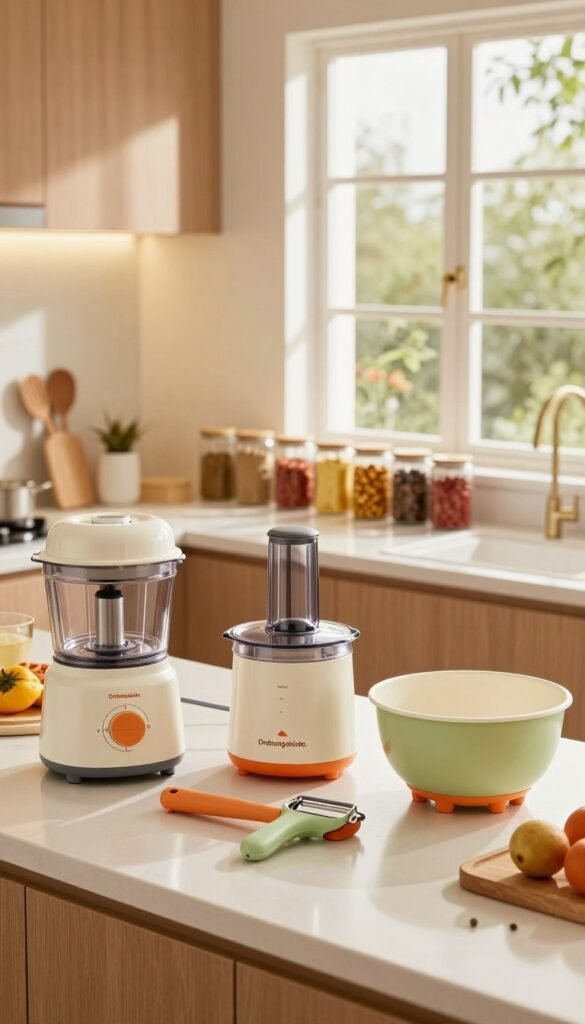 A well-organized modern kitchen interior featuring a variety of multifunctional kitchen tools and gadgets, branded with "Ordnungskiste." In the foreground, display a colorful array of kitchen utensils, including a versatile food processor, a multi-purpose peeler, and an innovative mixing bowl, all arranged on a sleek countertop. The middle ground showcases neatly stored spices and cooking ingredients in stylish jars, enhancing accessibility. In the background, large windows let in natural light, casting a warm and inviting glow over the scene. The atmosphere is cozy and inspiring, perfect for culinary creativity. Use warm colors and a Pinterest-inspired aesthetic, ensuring authenticity and a clean composition without any text or overlays.