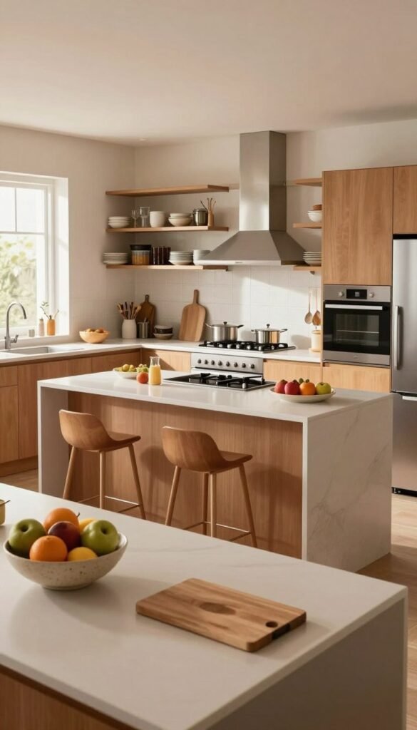 A well-organized modern kitchen that emphasizes functionality and aesthetics, featuring a spacious layout with designated areas for cooking, preparing, and dining. In the foreground, show a clean, clutter-free countertop adorned with a stylish fruit bowl and a cutting board. In the middle, depict a sleek kitchen island with bar stools, surrounded by well-placed appliances that enhance workflow, such as a stove, oven, and refrigerator. The background should include cabinets and open shelves filled with neatly arranged dishes and kitchen tools, all in warm, inviting colors. Soft natural lighting streams in through a nearby window, creating a cozy atmosphere. Incorporate the brand name "Ordnungskiste" subtly in the kitchen decor, avoiding any text overlays. Aim for a harmonious Pinterest-worthy look that conveys a sense of order and ease of movement within the space.
