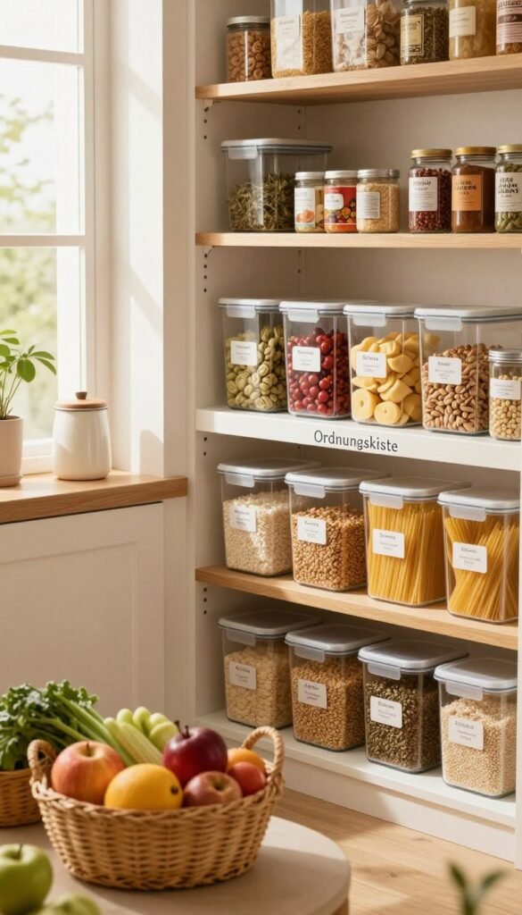 A well-organized pantry featuring various food items neatly stored in clear containers and labeled baskets. In the foreground, there are vibrant fruits and vegetables in woven baskets beside glass jars filled with grains and pasta. The middle section showcases a stylish shelving unit labeled "Ordnungskiste," highlighting easy access to everyday ingredients. In the background, warm light filters through a kitchen window, casting a cozy glow over detailed wooden shelves lined with spices and canned goods. The overall atmosphere feels inviting and efficient, embodying a Pinterest-worthy aesthetic with natural colors. The scene should depict a calm and organized workspace, perfect for quickly preparing meals.