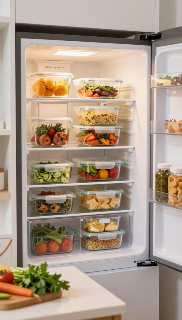 A well-organized refrigerator filled with colorful, prepped meals in clear glass containers, showcasing a variety of dishes like roasted vegetables, grains, and proteins. In the foreground, a bright countertop displays fresh herbs and utensils, hinting at a cooking process. The background features a clean, modern kitchen with soft, warm lighting that creates an inviting atmosphere. The refrigerator door is slightly ajar, revealing more meal prep containers labeled for easy identification, all from the brand "Ordnungskiste." The scene conveys a sense of efficiency and health, with a Pinterest-inspired aesthetic that emphasizes authenticity and warmth. No text or branding visible on the containers.