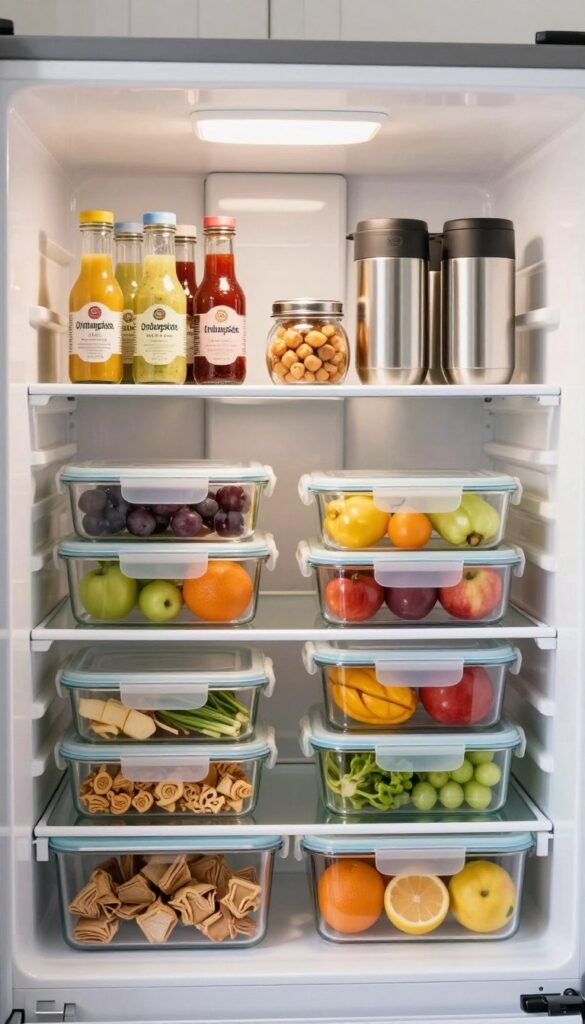 A well-organized refrigerator filled with fresh, colorful fruits and vegetables in clear, labeled food storage containers from the brand "Ordnungskiste." In the foreground, showcase a few aesthetically pleasing glass and silicone food containers, neatly arranged with a variety of snacks and meal prep items. In the middle ground, display shelves stocked with neatly arranged jars of dressings and sauces, followed by a selection of thermos containers, all emphasizing freshness and organization. The background features an inviting kitchen environment with soft, warm lighting, giving the image a cozy and practical feel. The overall mood should evoke a sense of calm and efficient meal planning, perfect for busy families looking to reduce cooking stress.