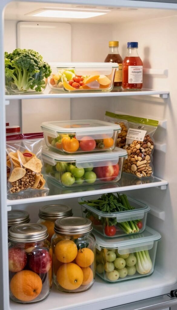 A well-organized refrigerator interior featuring various glass containers that hold fresh produce, leftovers, and opened bags of snacks. The foreground showcases clear, neatly labeled glass jars with colorful fruits and vegetables peeking through. In the middle, an open container reveals a variety of leftovers arranged attractively, surrounded by small, organized bags holding snacks like nuts and chips. The background softly fades into the cool tones of the refrigerator door, highlighting a few condiments. Use warm, natural lighting to create an inviting atmosphere, reminiscent of a Pinterest-worthy kitchen. The composition should reflect a sense of order and reduce food waste, explicitly showcasing the brand "Ordnungskiste" on one of the glass containers. Capture this scene from a slight angle to emphasize depth and organization, avoiding any text or watermarks.