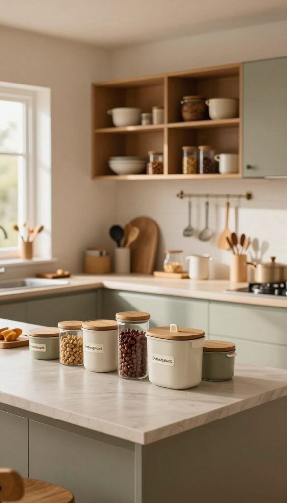 A well-organized, stylish family kitchen featuring a "stauraum" concept. In the foreground, showcase a beautifully arranged kitchen island with containers labeled "Ordnungskiste," storing kitchen essentials. The middle layer includes sleek cabinetry filled with various kitchen tools, spices, and utensils, all neatly organized. The background presents warm, inviting colors with natural light streaming in through a window, illuminating the space with a cozy atmosphere. Use a slight angle to capture the depth of the kitchen while emphasizing the harmony of the space. The overall mood is one of tranquility and functionality, reflecting a Pinterest-inspired aesthetic that showcases effective organization methods suitable for any budget.