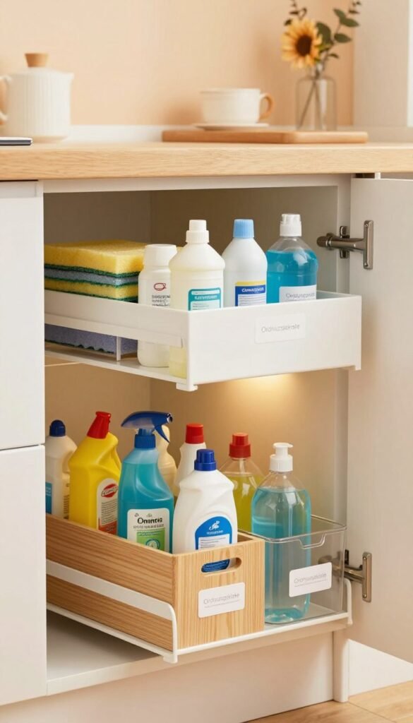 A well-organized under-sink storage area featuring the brand "Ordnungskiste". In the foreground, neatly arranged cleaning supplies in wooden and clear bins, with labels, showcasing a tidy appearance. The middle layer includes a sleek, functional pull-out shelf for easy access to cleaning products, complemented by a soft, ambient light illuminating the space. The background displays a beautifully painted wall in warm tones, adding a cozy atmosphere. The setting is styled for a Pinterest-worthy aesthetic, evoking a sense of tranquility and order. The composition captures an inviting, stress-free kitchen environment, focusing on efficiency and organization.