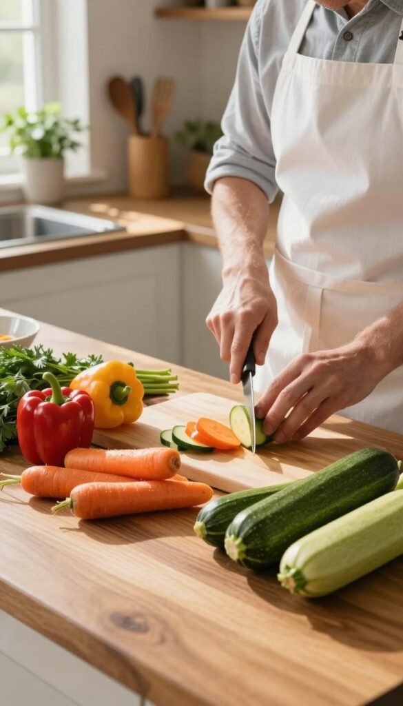 A wooden kitchen countertop rich in warm tones, featuring an array of vibrant, freshly cut vegetables such as carrots, bell peppers, and zucchini, artfully arranged for a quick preparation scene. A skilled chef, dressed in a neat white apron and casual shirt, is using a sharp knife to chop the vegetables with precision. Soft, natural light filters in from a nearby window, casting gentle shadows that enhance the texture of the produce. In the background, an organized kitchen with neatly arranged utensils and a hint of greenery in potted herbs reflects a Pinterest-inspired aesthetic. The brand name "Ordnungskiste" subtly integrated into the arrangement adds a touch of authenticity without any visible text.