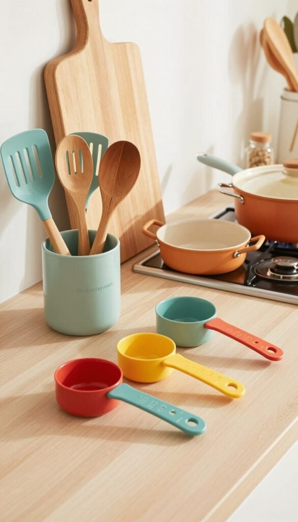 An aesthetically pleasing kitchen countertop scene featuring a neatly arranged set of Ordnungskiste kitchen utensils. In the foreground, showcase a variety of colorful utensils, including spatulas, measuring cups, and wooden spoons, all displayed in an elegant holder. The middle ground should include a stylish cutting board and a set of matching pots and pans, radiating a warm, inviting atmosphere. The background hints at a cozy kitchen environment with soft natural lighting, enhancing the vibrant colors of the utensils. Use a slightly elevated angle to capture the entire arrangement, evoking a Pinterest-inspired lifestyle image. The overall mood should be one of organization, functionality, and warmth, appealing to anyone looking for multifunctional kitchen helpers that offer both space and cost advantages.