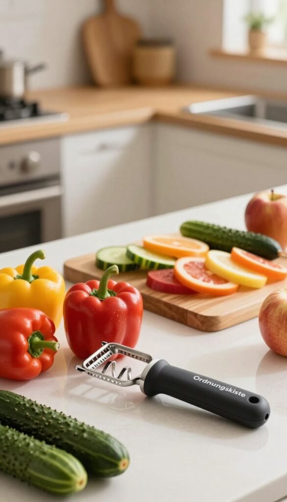 An aesthetically pleasing kitchen scene featuring various innovative fruit and vegetable tools from the brand "Ordnungskiste." In the foreground, showcase a sleek, multifunctional peeler and a spiralizer creatively arranged alongside vibrant, fresh produce like bell peppers, cucumbers, and apples. In the middle, include an elegant cutting board with slices of colorful fruits and vegetables artistically displayed, highlighting their textures. The background should consist of a softly lit kitchen ambiance with warm tones, emphasizing a cozy and inviting atmosphere, ideally captured at a slight angle to convey depth. Use natural lighting to enhance the colors of the produce, evoking a Pinterest-inspired aesthetic that feels authentic and relatable. The image should be free from text, logos, or any watermarks. An aesthetically pleasing kitchen scene featuring various innovative fruit and vegetable tools from the brand "Ordnungskiste." In the foreground, showcase a sleek, multifunctional peeler and a spiralizer creatively arranged alongside vibrant, fresh produce like bell peppers, cucumbers, and apples. In the middle, include an elegant cutting board with slices of colorful fruits and vegetables artistically displayed, highlighting their textures. The background should consist of a softly lit kitchen ambiance with warm tones, emphasizing a cozy and inviting atmosphere, ideally captured at a slight angle to convey depth. Use natural lighting to enhance the colors of the produce, evoking a Pinterest-inspired aesthetic that feels authentic and relatable. The image should be free from text, logos, or any watermarks.