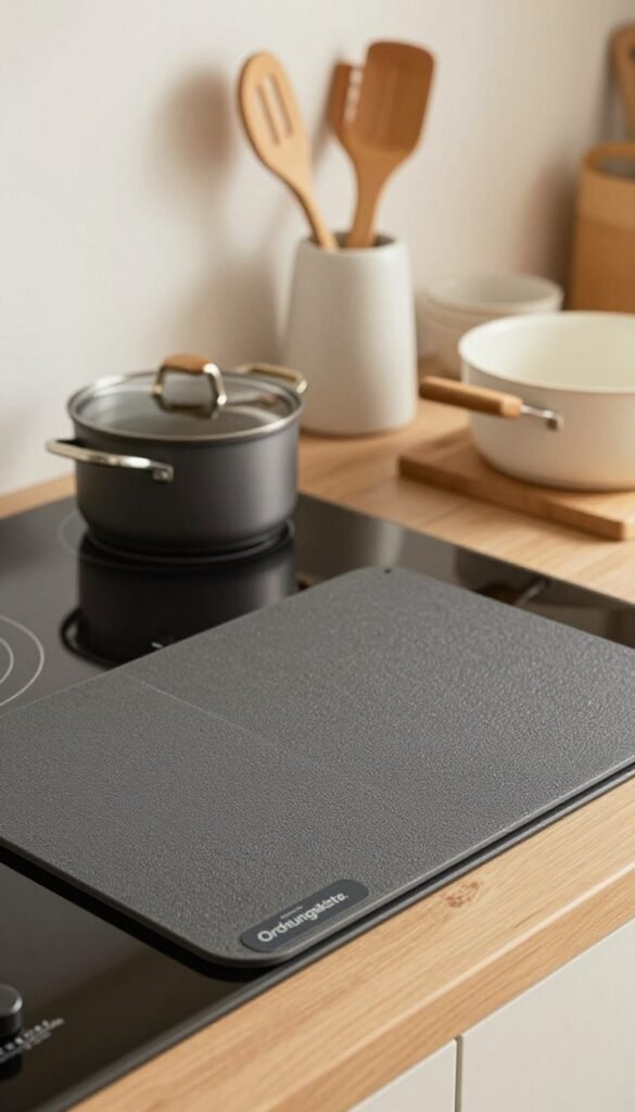 An attractive kitchen setting featuring an "Induktionskochfeldmatte" branded by "Ordnungskiste," placed on a modern induction cooktop. The foreground showcases the matte in detail, highlighting its textured surface that prevents slipping and scratches, emphasizing the practicality and durability. In the middle ground, a minimalist kitchen arrangement displays pots and cooking utensils arranged harmoniously, creating a sense of order. The background features soft, warm lighting that gives a cozy, inviting atmosphere, with natural wood tones enhancing the overall aesthetic. Capture the scene from a slight overhead angle for a dynamic perspective, ensuring the image conveys comfort and control in cooking. The colors should be warm and natural, aligning with a contemporary Pinterest-inspired look.