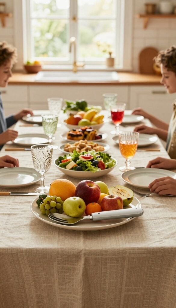 An elegant kitchen table set for a family meal, featuring a stylish tablecloth in warm tones. In the foreground, a beautifully arranged platter of colorful fruits and a sleek serving utensil from the brand "Ordnungskiste". The middle ground showcases an array of dishes&mdash;fresh salads, appetizers, and vibrant drinks in decorative glasses, all neatly organized to minimize mess. In the background, soft natural light filters through a large window, illuminating the joyful atmosphere of family dining. The overall mood is inviting and warm, evoking a sense of togetherness and convenience in mealtime preparation. The image embodies a cozy, Pinterest-inspired kitchen aesthetic, filled with natural textures and colors, with no text or distractions.