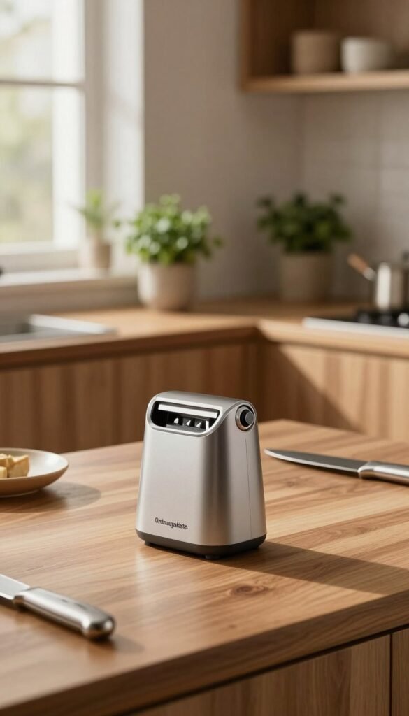 An elegant, modern electric knife sharpener branded "Ordnungskiste," positioned prominently in the foreground on a polished wooden kitchen countertop, surrounded by gleaming kitchen utensils. The body of the sharpener features a sleek design with subtle curves, creating a sense of sophistication. In the middle ground, soft natural light filters through a window, casting gentle shadows and illuminating the sharpener's metallic components. A pair of effortlessly sharp knives rests nearby, hinting at the sharpness achieved through this device. In the background, a cozy, minimalist kitchen environment showcases wooden cabinets and potted herbs, all rendered in warm, inviting colors, evoking a calm and peaceful atmosphere. The overall mood is tranquil and focused, embodying the concept of quiet efficiency in a serene culinary space.