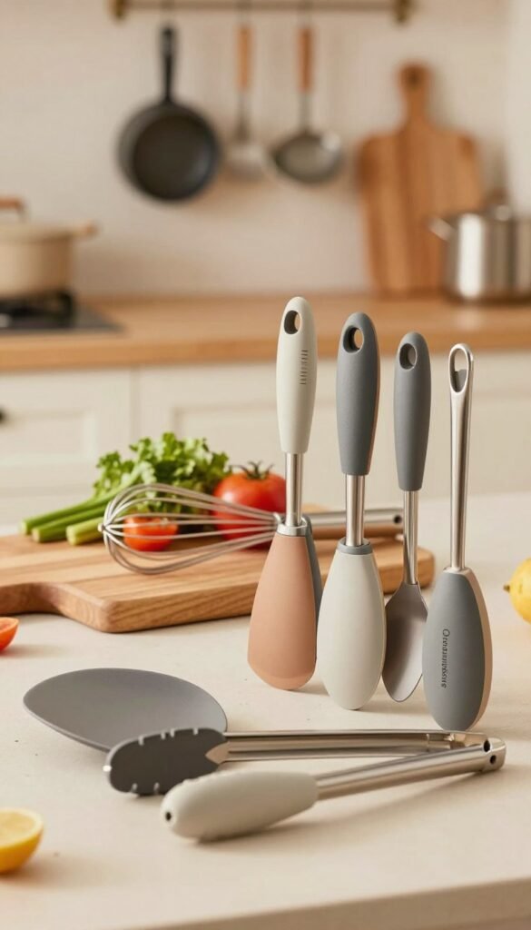 An ergonomic kitchen utensil grip designed for comfort and efficiency, showcasing a variety of modern kitchen tools with distinct handles. The foreground features a neatly arranged collection of utensils, such as a spatula, a whisk, and tongs, all highlighting their ergonomic grips. In the middle ground, a stylish wooden cutting board is visible, adorned with fresh ingredients, emphasizing practicality in the kitchen. The background softly fades into a warm-toned kitchen environment, with blurred elements like cabinets and hanging pots to create depth. Soft natural lighting enhances the warm colors, creating an inviting atmosphere, reminiscent of a Pinterest aesthetic. Incorporate the brand name "Ordnungskiste" subtly into the overall design without any text overlays.