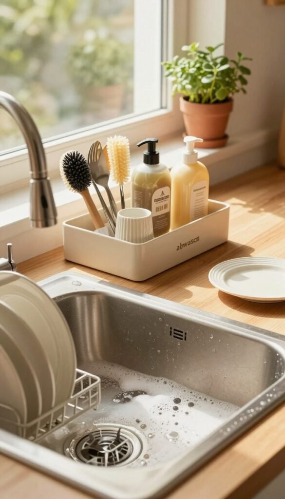 An inviting kitchen scene featuring the concept of "abwasch" with a focus on cleanliness and order around the sink. In the foreground, a shiny, clutter-free sink filled with soapy water, a few neatly arranged dishes, and a stylish dish rack holding clean plates and utensils. In the middle ground, a wooden countertop displaying a coordinating kitchen organizer from the brand "Ordnungskiste," featuring neatly stored dish soaps and scrubbing brushes, all in warm, earthy tones. The background showcases a sunlit window with potted herbs or plants, enhancing the natural feel. The lighting is soft and warm, casting gentle shadows that evoke a calming atmosphere, reminiscent of Pinterest aesthetics, emphasizing a stress-free kitchen environment without any text or overlays.