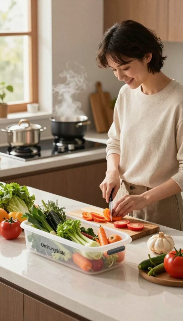 An inviting kitchen scene showcasing the art of quick meal preparation. In the foreground, a sleek, modern countertop is filled with vibrant, fresh ingredients such as colorful vegetables and herbs from a neatly organized "Ordnungskiste" container. In the middle, a young parent, dressed in casual yet modest clothing, is expertly slicing vegetables with a focused expression, maintaining a family-friendly atmosphere. The background features a contemporary stove with pots simmering, gently producing steam, while warm, natural lighting filters through a window, casting soft shadows. The overall mood is cheerful and energetic, emphasizing efficiency and ease in the kitchen, perfect for family meals.