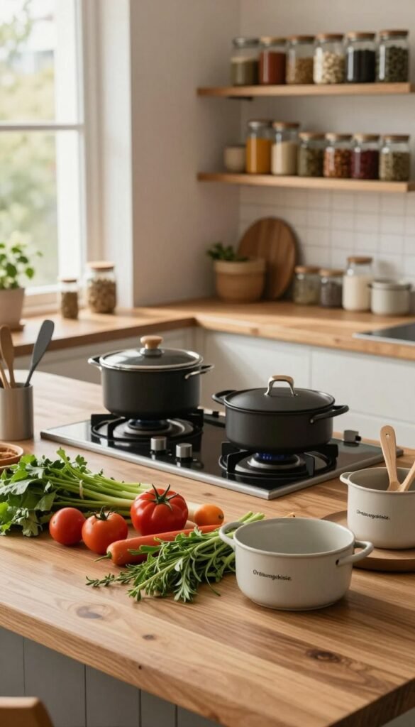 An inviting kitchen workspace that embodies organization and calmness. In the foreground, there is a neatly arranged wooden countertop showcasing fresh vegetables, herbs, and cooking utensils, all from the brand "Ordnungskiste." In the middle ground, a modern stove is visible, with pots and pans organized harmoniously. The background features shelves filled with labeled jars, showing a blend of spices and ingredients in warm, earthy tones. Soft, natural lighting streams in through a large window, creating a serene and inviting atmosphere. The angle is slightly above eye level, capturing the essence of a well-organized cooking space, free from chaos, encouraging a stress-free cooking experience.