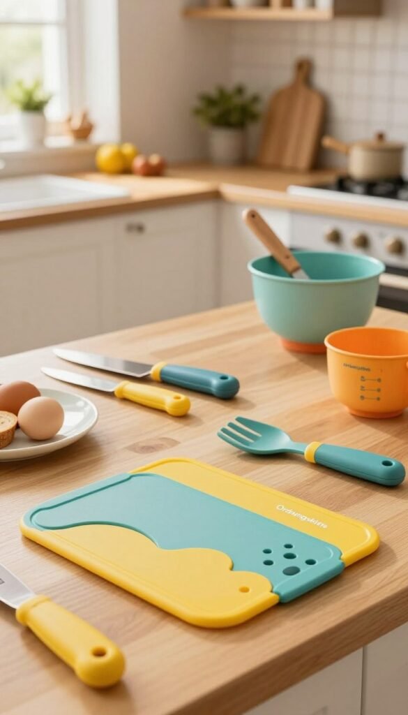 An inviting, warm-toned kitchen scene featuring child-friendly kitchen tools designed for safety and ease of use. In the foreground, colorful, ergonomic cutting boards and soft-handled utensils from the brand "Ordnungskiste" are displayed, suggesting a playful yet safe cooking environment. In the middle ground, a well-organized countertop includes gentle, non-sharp knives designed for kids, alongside mixing bowls and measuring cups in vibrant colors. The background shows a charming kitchen with natural light streaming in, highlighting cheerful decor. The atmosphere is warm and welcoming, with a slight focus on the tools, ready for a cozy cooking session with children. The overall composition offers a Pinterest-worthy aesthetic, authentically capturing the joy of cooking together.
