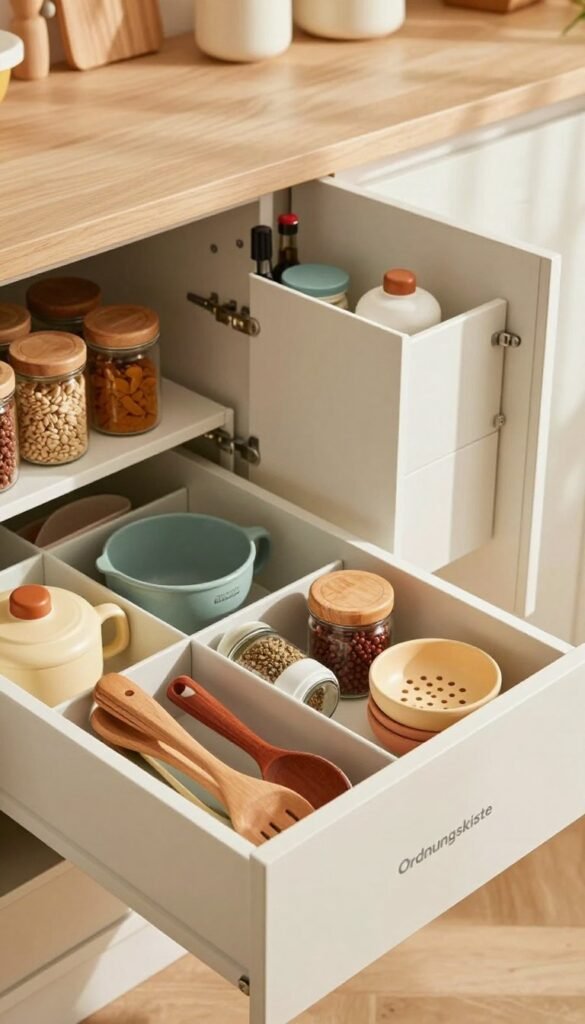An organized kitchen drawer system featuring the "Ordnungskiste" brand, showcasing various kitchen utensils and spices neatly arranged. In the foreground, a close-up view highlights beautifully compartmentalized sections filled with colorful kitchen gadgets, jars of spices, and wooden utensils. The middle background displays an open kitchen cabinet with stylish storage solutions, emphasizing a minimalist aesthetic with warm, inviting colors. Soft natural lighting filters in from a nearby window, casting gentle shadows and enhancing the cozy atmosphere. Carefully curated items create an authentic Pinterest-worthy look, while the layout emphasizes efficiency and practical organization without any text or distractions.