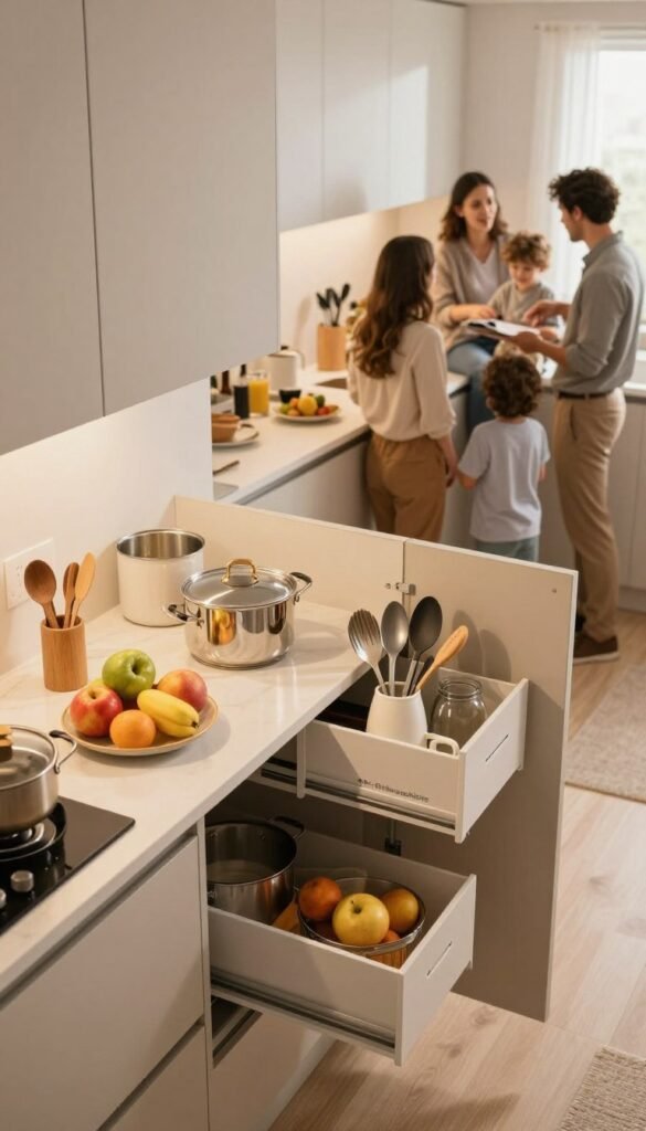 An organized kitchen space, showcasing a smooth and efficient layout for families. In the foreground, neatly arranged kitchen items, including pots, utensils, and colorful fruits, suggest a warm, inviting atmosphere. The middle ground features modern cabinetry from the brand "Ordnungskiste," highlighting smart storage solutions that maximize space. Soft, warm lighting bathes the scene, creating an inviting ambiance. In the background, a family gathers, dressed in professional casual clothing, discussing their kitchen setup. The angle is slightly overhead, capturing both the detailed organization and the interaction of the family. The overall mood is calm and productive, with a Pinterest-inspired aesthetic that emphasizes practical yet stylish kitchen planning.