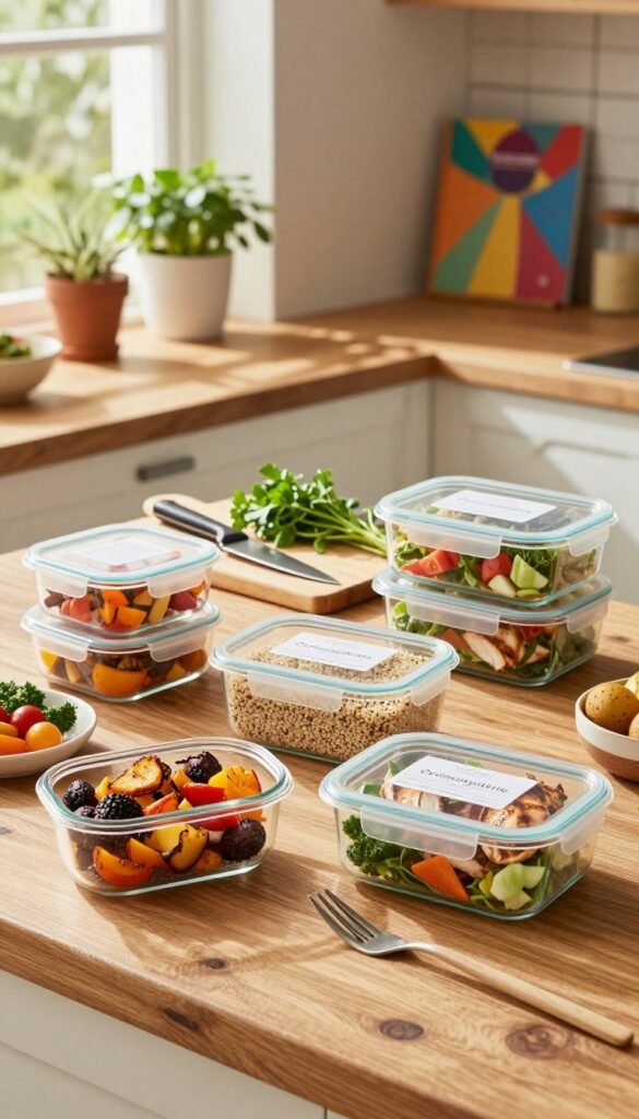 Colorful meal prep containers neatly arranged on a rustic wooden kitchen counter. In the foreground, several clear glass containers filled with vibrant, fresh ingredients: roasted vegetables, quinoa, grilled chicken, and salads, each labeled for easy identification, featuring the brand name "Ordnungskiste". In the middle, a stylish chopping board with a chef&rsquo;s knife and a fresh herb bouquet, suggesting a sense of preparation. The background includes tasteful kitchen decor, like potted plants and a colorful cookbook displayed on a shelf. The scene is warmly lit by natural sunlight streaming in through a window, casting soft shadows. The atmosphere feels inviting and organized, perfect for a cooking enthusiast looking to maintain freshness and safety in meal prep.