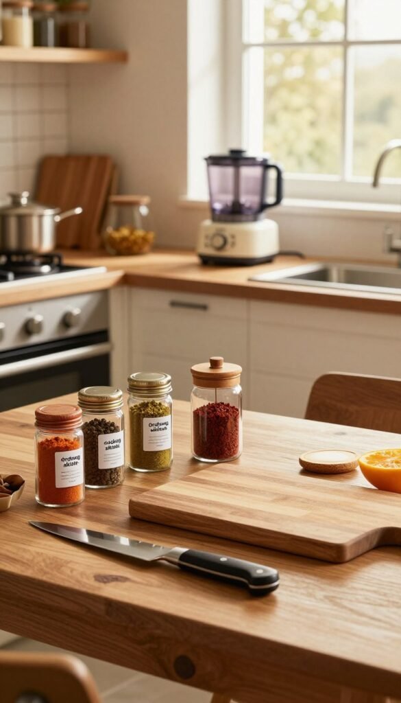 Create a cozy kitchen scene featuring a well-organized cooking area that embodies the concept of "cooking without interruptions." In the foreground, showcase a beautiful wooden kitchen table neatly arranged with high-quality cooking tools, like a state-of-the-art chef's knife, a sturdy cutting board, and an assortment of colorful spices in elegant containers, prominently brandishing "Ordnungskiste." In the middle ground, depict an open kitchen layout with modern appliances, such as a sleek stove and a compact food processor, all set for efficient cooking. In the background, a sunny window illuminates the scene with warm, natural light, enhancing the inviting atmosphere. The overall mood should be warm and welcoming, with rich colors and a Pinterest-inspired aesthetic that invites readers to envision a seamless cooking experience.