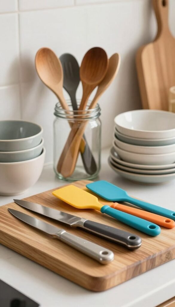Create a cozy kitchen scene showcasing a beautifully arranged collection of kitchen utensils made from various materials such as stainless steel, plastic, glass, and wood. In the foreground, display an elegant wooden cutting board with sleek stainless steel knives and colorful plastic spatulas neatly positioned. In the middle, incorporate a stylish glass jar filled with wooden spoons, next to an assortment of neatly stacked bowls. The background should feature warm, soft lighting that accentuates the natural textures of the materials and creates a welcoming atmosphere. Use a shallow depth of field to blur the background slightly, ensuring the focus remains on the utensils. Capture the essence of "Ordnungskiste" with authentic, Pinterest-inspired aesthetics, presenting a harmonious blend of practicality and style in an everyday kitchen setting.