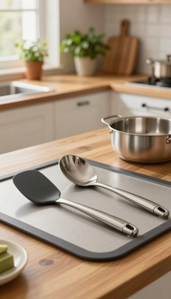 Create a visually appealing image showcasing high-quality silicone and stainless steel kitchen tools from the brand "Ordnungskiste." In the foreground, feature an elegant silicone spatula, gleaming stainless steel cooking utensils, and a heat-resistant silicone baking mat arranged beautifully. The middle ground should feature a warm wooden kitchen countertop, emphasizing a homely atmosphere. In the background, softly blurred kitchen elements like potted herbs, warm lighting from a window, and a hint of organized kitchen shelves create a Pinterest-inspired aesthetic. Ensure the overall composition reflects practicality and style, with a focus on warm colors that evoke a cozy, inviting mood. Capture the image in natural light, using a slightly elevated angle to enhance the scene's depth and warmth, while keeping the focus on the kitchen tools.