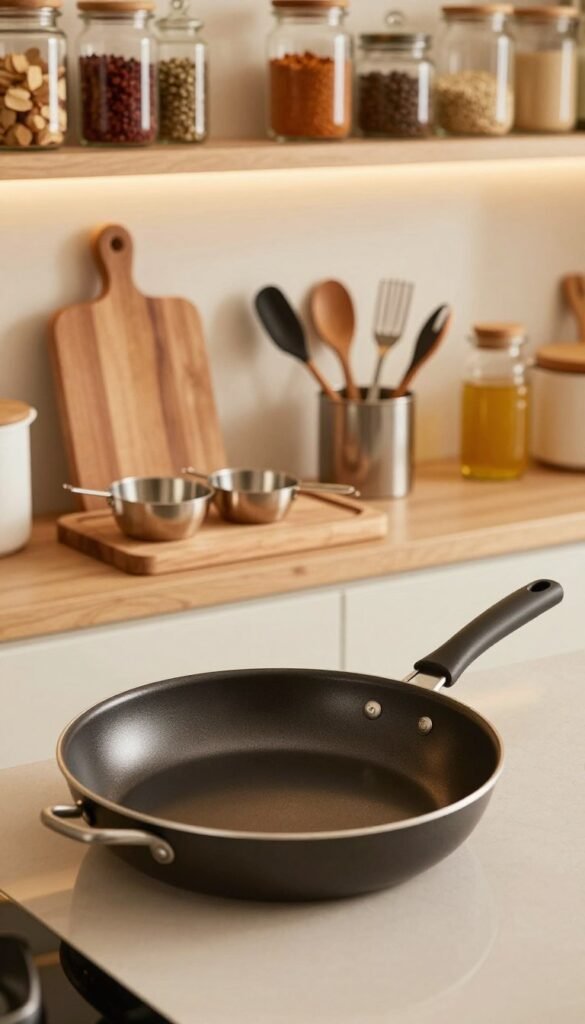 Create a warm and inviting kitchen scene that showcases high-quality kitchen assistive sets branded "Ordnungskiste". In the foreground, display a sleek, heat-resistant frying pan with ergonomic handles and a set of measuring cups, glistening with light that reflects off their polished surfaces. The middle layer should feature a wooden cutting board and various kitchen tools organized aesthetically, emphasizing functionality and aesthetics. In the background, softly lit shelves contain glass jars filled with spices and ingredients, enhancing the rustic charm. Use natural lighting to create a cozy atmosphere, focusing on warm colors like deep browns and soft yellows, giving a Pinterest-worthy aesthetic. Capture this scene from a slightly elevated angle to highlight the depth and harmony of the kitchen space, ensuring a professional and authentic look without any text or distractions.