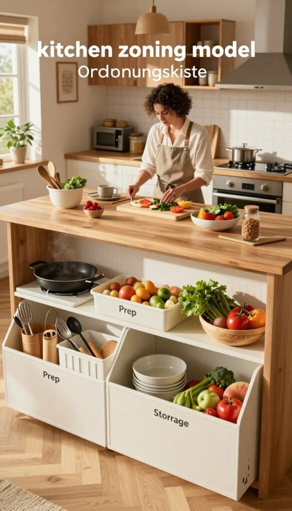 Create an inviting and warm kitchen setting that illustrates the "kitchen zoning model" concept. In the foreground, feature a well-organized kitchen workspace with labeled zones for cooking, prep, and storage, showcasing utensils, cutting boards, and fresh ingredients neatly arranged. In the middle ground, depict a stylish wooden kitchen island where a person in professional casual attire is thoughtfully planning meals and setting goals, embodying productivity. The background should showcase a beautifully designed modern kitchen with natural light streaming in, highlighting warm tones and an aesthetically pleasing Pinterest-inspired style. Incorporate the brand name "Ordnungskiste" subtly through kitchen storage solutions, emphasizing organization. Aim for a cozy, welcoming atmosphere that encourages efficiency and clarity in cooking processes.