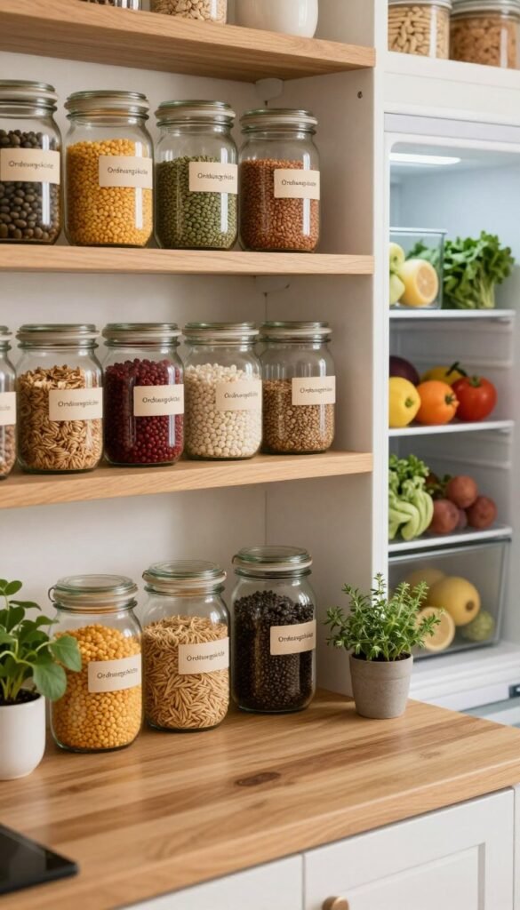 In a cozy kitchen space, beautifully organized jars labeled as "Ordnungskiste" are neatly arranged on an open shelf. The foreground features a variety of glass containers &ndash; some filled with colorful grains, legumes, and spices, while others are empty, ready to be filled. In the middle, a wooden countertop complements the jars, adorned with fresh herbs in small pots, adding a touch of freshness. The background reveals a glimpse of a well-organized refrigerator with clear bins storing fruits and vegetables, all bathed in soft, warm lighting that creates an inviting atmosphere. The scene captures the essence of a stress-free kitchen environment, emphasizing sustainability and careful food management, with natural textures and a Pinterest-inspired aesthetic.