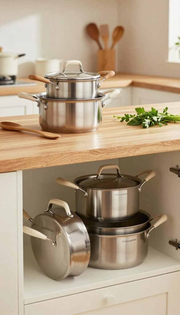 Stapelbares kochgeschirr f&uuml;r k&uuml;chenschrank in a beautifully organized kitchen setting, featuring a stackable cookware set with removable handles. The foreground showcases the elegant, shiny pots and pans intricately arranged to demonstrate their nesting capability. In the middle ground, a sleek wooden countertop highlights the practicality of the cookware, complemented by wooden utensils and fresh herbs for a touch of freshness. The background reveals soft-focus cabinetry and warm, inviting lighting that enhances the natural colors and textures, evoking a cozy, minimalist atmosphere. The brand name "Ordnungskiste" is subtly implied through a harmonious and stylish presentation of the cookware. The overall composition captures the essence of efficient kitchen storage solutions, perfect for small spaces, with a Pinterest-inspired aesthetic that feels both practical and inviting.