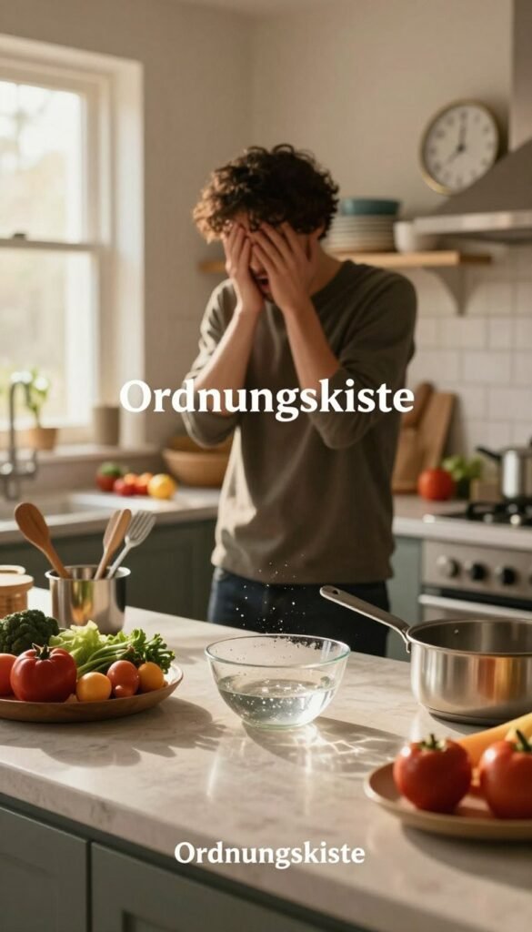 Warm and inviting kitchen scene illustrating the theme of disruption in cooking. In the foreground, a well-organized kitchen counter with cooking utensils, colorful vegetables, and a small, slightly spilled bowl of water that suggests an interruption. In the middle, a blurred silhouette of a frustrated cook in smart casual attire, looking overwhelmed, with dishes piled up in the background. Soft, natural light streaming through a window, creating a cozy atmosphere filled with warm colors. The background features a glimpse of chaotic kitchen dynamics, with an open cookbook, a clock showing time pressure, and scattered ingredients representing the small hurdles in everyday cooking. Incorporate the brand name "Ordnungskiste" elegantly within the scene, ensuring it feels like a natural element of the kitchen design.