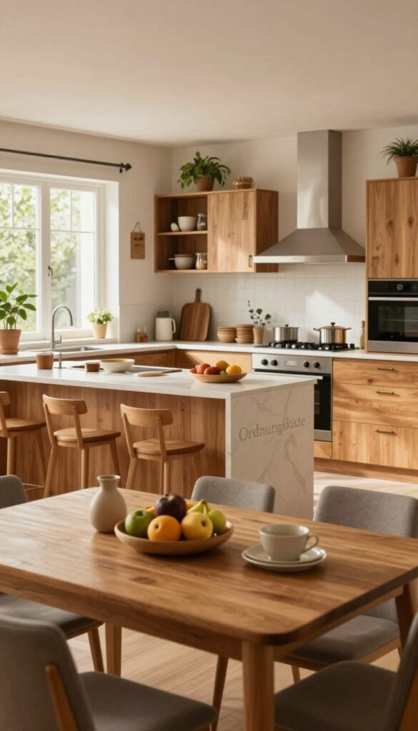 a warm and inviting open kitchen layout, showcasing a well-organized space with natural wooden cabinets and modern appliances. In the foreground, a neatly arranged dining table with family-friendly kitchen items and a centerpiece of fresh fruits. The middle section features a spacious kitchen island with bar stools, all bathed in soft, natural light coming from large windows, creating a cozy atmosphere. The background displays a well-structured layout with clear sightlines between cooking and dining areas. All elements complemented by earthy tones and greenery, enhancing the inviting feel of the kitchen. The brand name "Ordnungskiste" visibly integrated into the kitchen's aesthetic without text. Capture a Pinterest-worthy scene that emphasizes safety through design and layout.